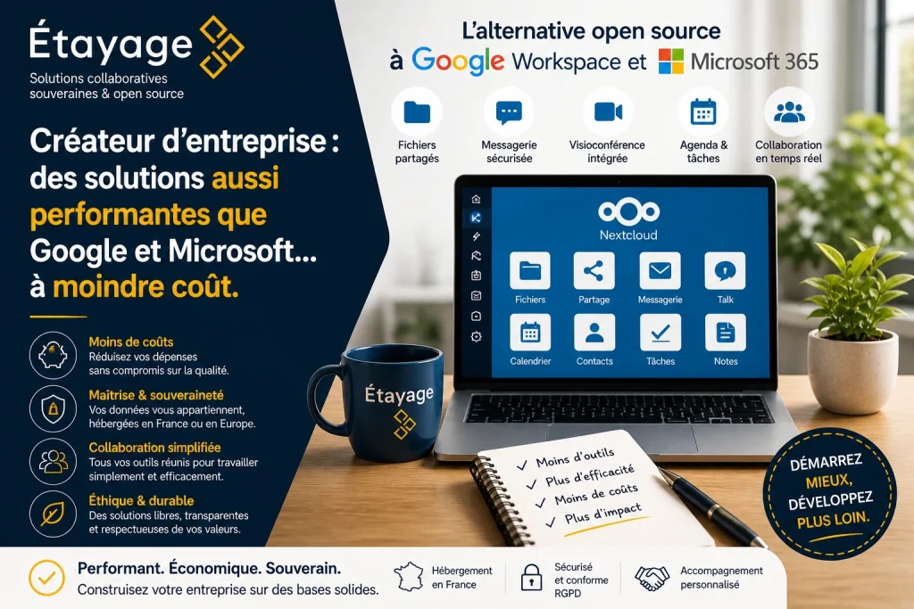 Créateur d’entreprise solutions alternatives à Google et Microsoft avec Nextcloud et outils collaboratifs souverains Etayage