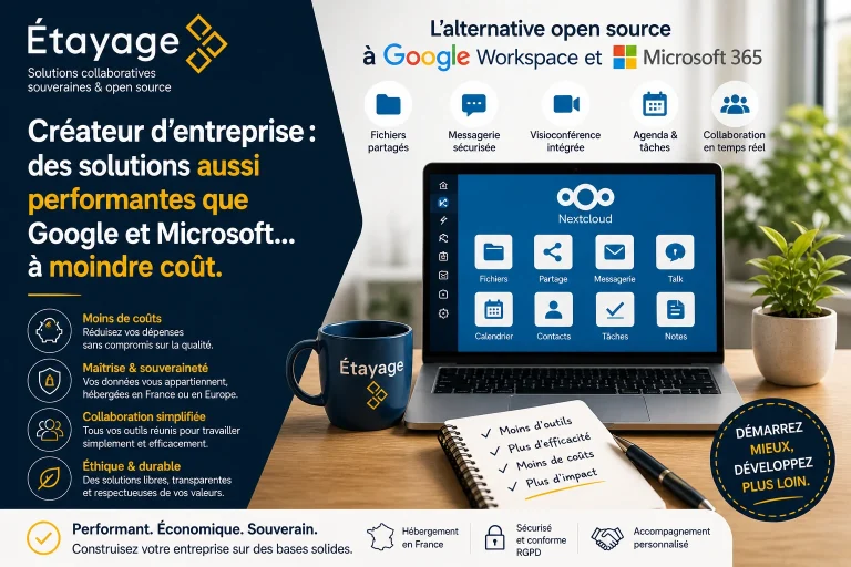 Créateur d’entreprise solutions alternatives à Google et Microsoft avec Nextcloud et outils collaboratifs souverains Etayage